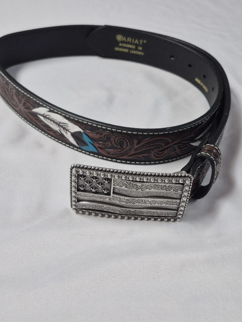 Ariat Mens Feather Floral Embossed Leather Western Belt With Justin Buckle Sz 34